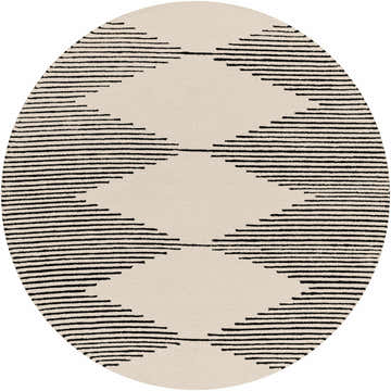Close-up of a round Walkerston Hand Tufted Wool Rug with a beige background and black striped diamond pattern. Design-Round-6