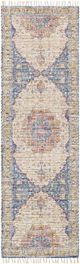 Close-up of the Wallburg Hand Woven Colorful Tassel Rug. Jute rug with light blue, purple, tan, white, and yellow details. Design-Runner-268