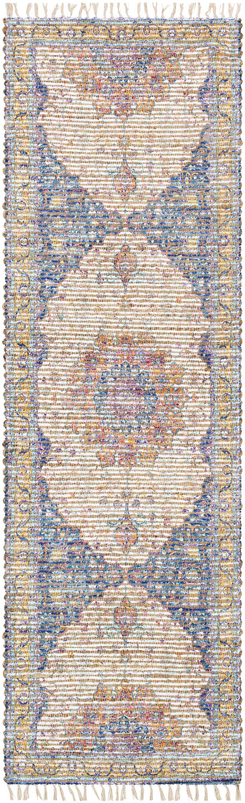 Close-up of the Wallburg Hand Woven Colorful Tassel Rug. Jute rug with light blue, purple, tan, white, and yellow details. Design-Runner-268