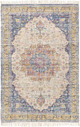 Close-up of Wallburg Hand Woven Colorful Tassel Rug. Jute rug with light blue, purple, tan, yellow, and white pattern. Design-Rectangle-576