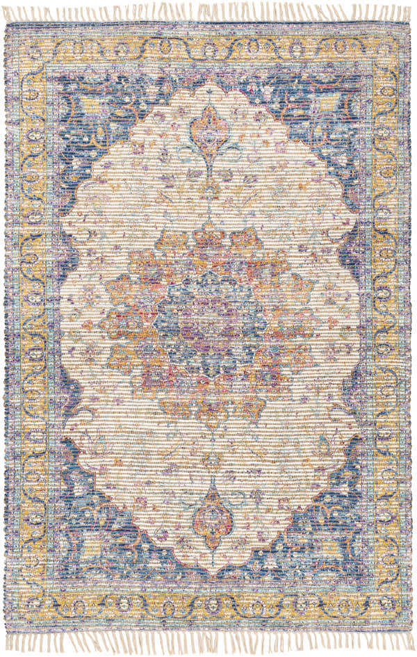 Close-up of Wallburg Hand Woven Colorful Tassel Rug. Jute rug with light blue, purple, tan, yellow, and white pattern. Design-Rectangle-576