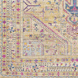 Close-up of Wallburg rug. Hand woven jute rug with light blue, purple, tan, white, and yellow bohemian design. Swatch