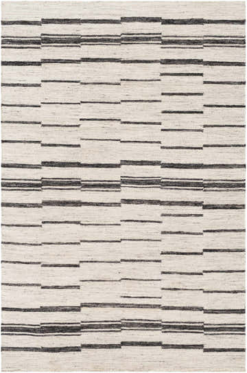 Close-up of the hand woven Willington Area Rug. Charcoal and cream striped pattern with a subtle, textured look. Design-Rectangle-576