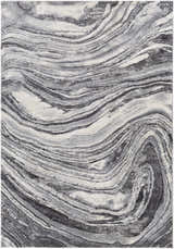 Close-up of Walloon Gray Marble Thick Rug. Abstract charcoal, gray, and ivory swirling pattern. Contemporary style. Design-Rectangle-5373