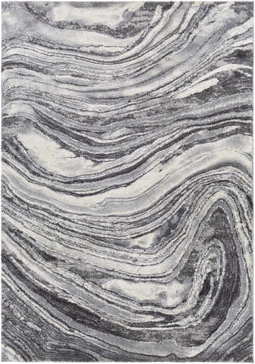 Close-up of Walloon Gray Marble Thick Rug. Abstract charcoal, gray, and ivory swirling pattern. Contemporary style. Design-Rectangle-5373
