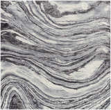 Close-up of the Walloon Gray Marble Thick Rug, featuring a swirling charcoal, gray, and ivory marble-like pattern. Design-Square-710
