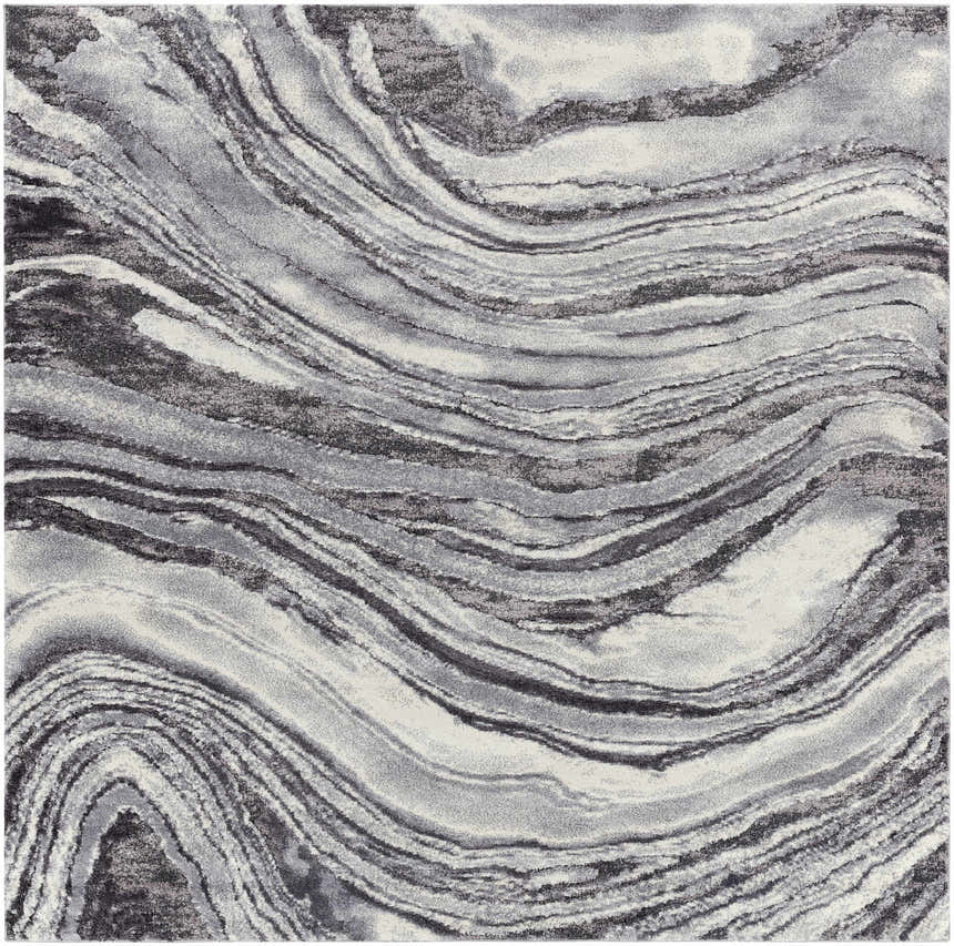 Close-up of the Walloon Gray Marble Thick Rug, featuring a swirling charcoal, gray, and ivory marble-like pattern. Design-Square-710
