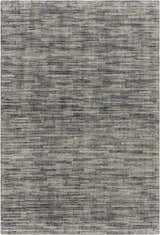 Close-up of the hand-knotted Willmar Premium Rug. Denim, ink blue, light olive, and sage create a contemporary stripe pattern. Design-Rectangle-69