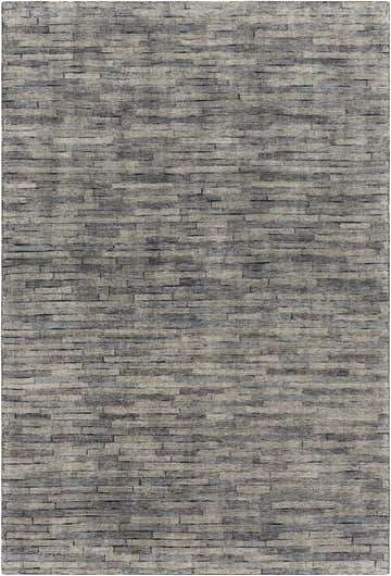 Close-up of the hand-knotted Willmar Premium Rug. Denim, ink blue, light olive, and sage create a contemporary stripe pattern. Design-Rectangle-69