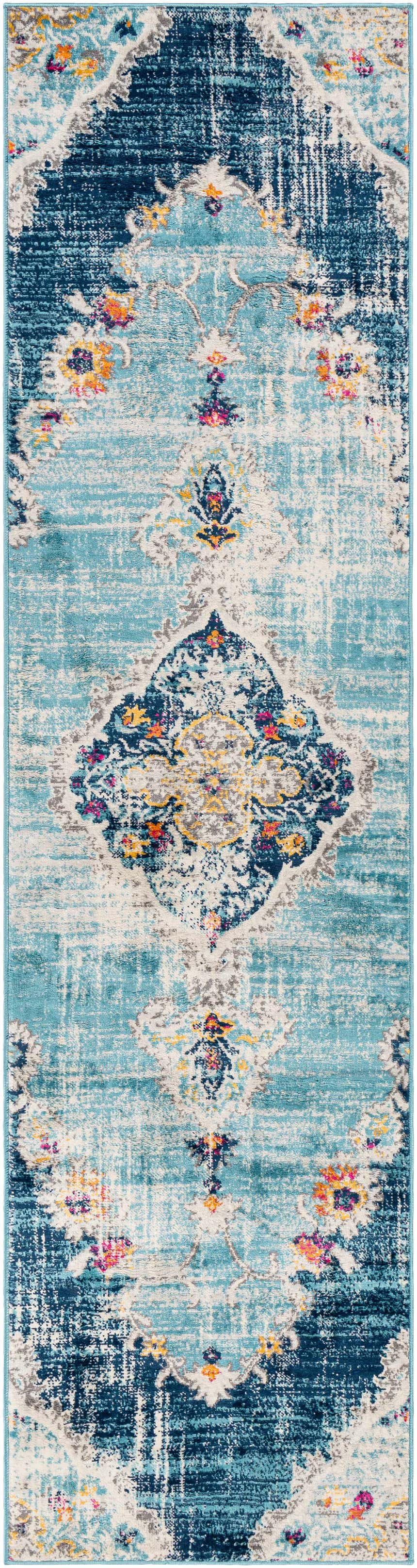Close-up of the Wallsburg Blue Area Rug, showcasing its traditional, bohemian pattern and colors like navy, orange, and blue. Design-Runner-2710
