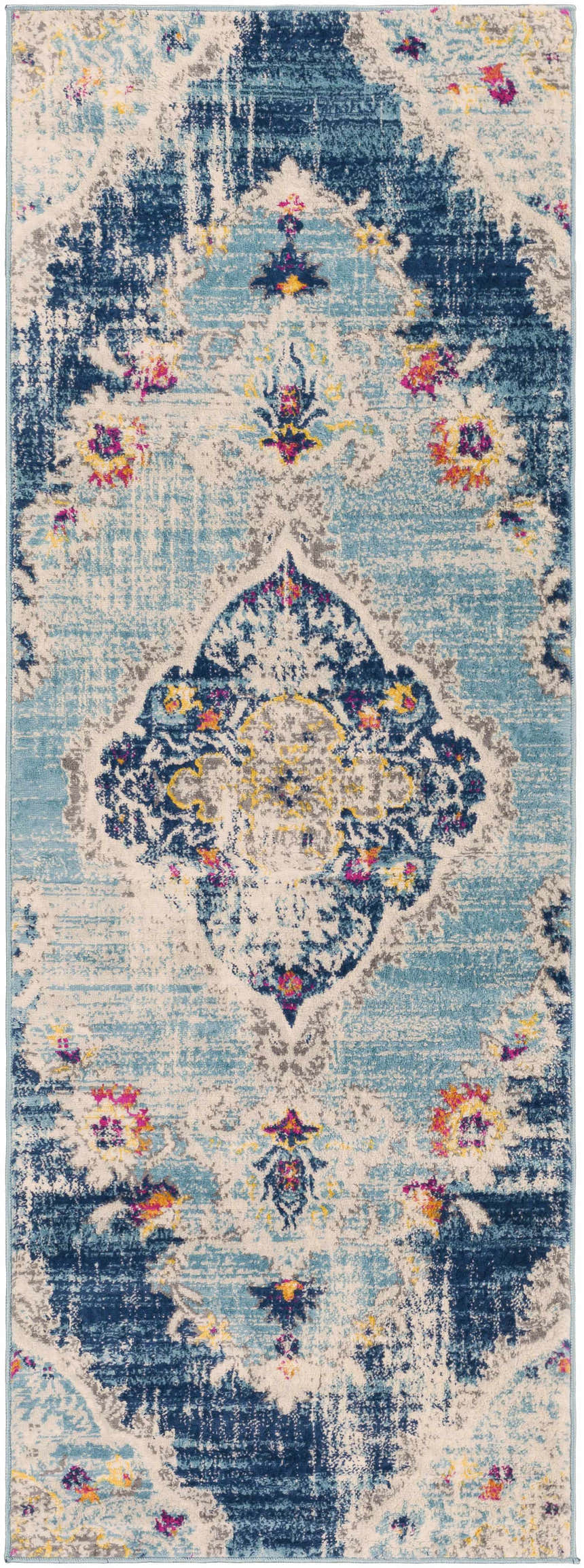 Close-up of the Wallsburg Blue Area Rug, a machine-woven rug with a traditional, distressed oriental design and colorful accents. Design-Runner-2773