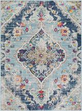 Detailed view of the Wallsburg Blue Area Rug, featuring a traditional floral pattern in blue, orange, fuchsia, and gray. Design-Rectangle-5371