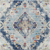 Close-up of the Wallsburg Blue Area Rug, a machine-woven rug with burnt orange, fuchsia, and navy floral accents. Design-Square-67