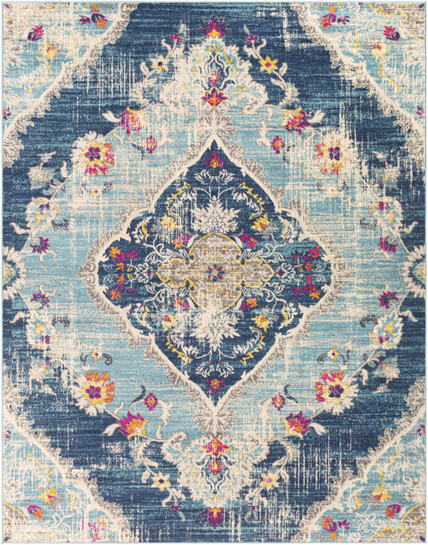 Detailed Wallsburg Blue Area Rug close-up. Features a traditional oriental design in navy, light blue, fuchsia, and beige. Design-Rectangle-71010