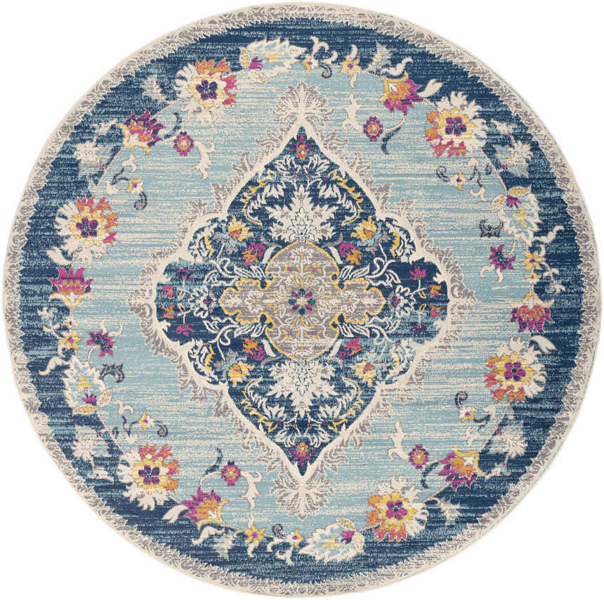 Detailed round Wallsburg Blue Area Rug featuring a floral pattern in burnt orange, fuchsia, and navy on a light blue background. Design-Round-710