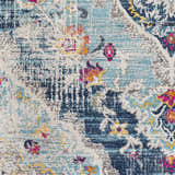Close-up of the Wallsburg Blue Area Rug featuring a bohemian floral pattern in navy, blue, fuchsia, orange, and yellow. Swatch