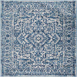 Close-up of the Wellsblue Traditional Rug, featuring a blue, light gray, and white vintage-inspired pattern. Design-Square-53