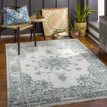 Living room scene with a cream and teal Wandina Traditional Luxe Rug, wood floors, chair, and plants. Roomscene-Rectangle