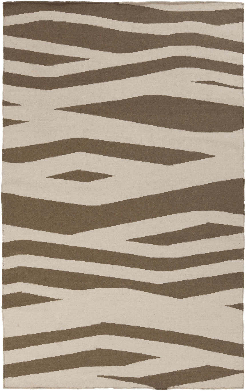 Close-up of the hand woven Wolford Area Carpet. Features a contemporary brown and light beige zebra-like pattern. Design-Rectangle-58