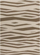 Close-up of the Wolford Area Carpet. Hand-woven wool rug with a contemporary brown and beige zebra stripe pattern. Design-Rectangle-811