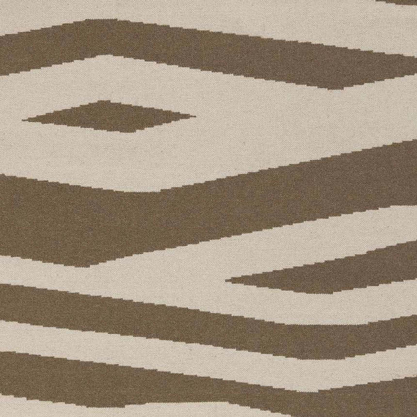 Close-up of the Wolford Area Carpet. Brown geometric pattern on a light beige, hand woven wool rug. Swatch