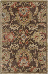 Close-up of the Chesterton 1028 brown wool rug. Features a traditional floral pattern in brown, red, peach, and sage tones. Design-Rectangle-23