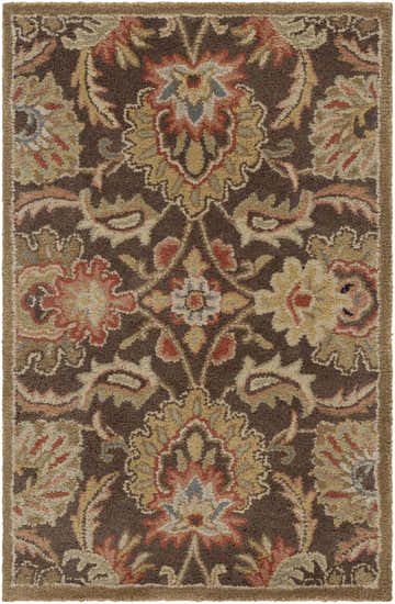 Close-up of the Chesterton 1028 brown wool rug. Features a traditional floral pattern in brown, red, peach, and sage tones. Design-Rectangle-23