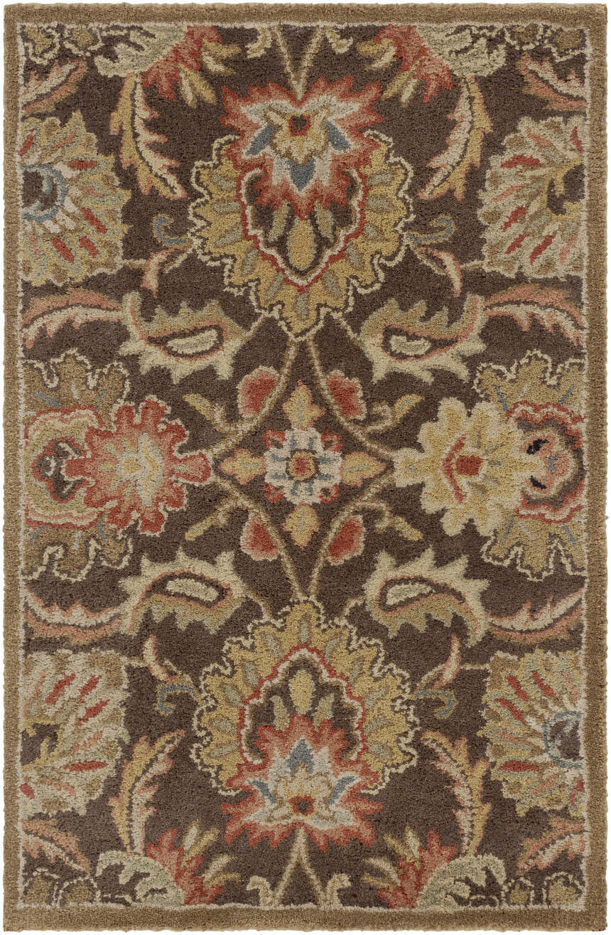 Close-up of the Chesterton 1028 brown wool rug. Features a traditional floral pattern in brown, red, peach, and sage tones. Design-Rectangle-23
