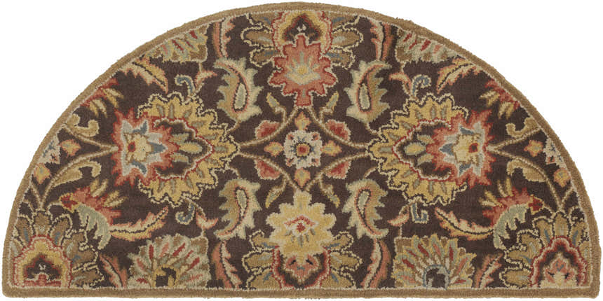 Close-up of the Chesterton 1028 brown wool rug. Hearth shape with a traditional floral pattern in brown, red, peach, and sage. Design-Hearth