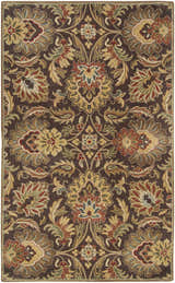 Detailed floral pattern on a Chesterton 1028 hand tufted brown wool rug with brick red, sage, and light beige accents. Design-Rectangle-58