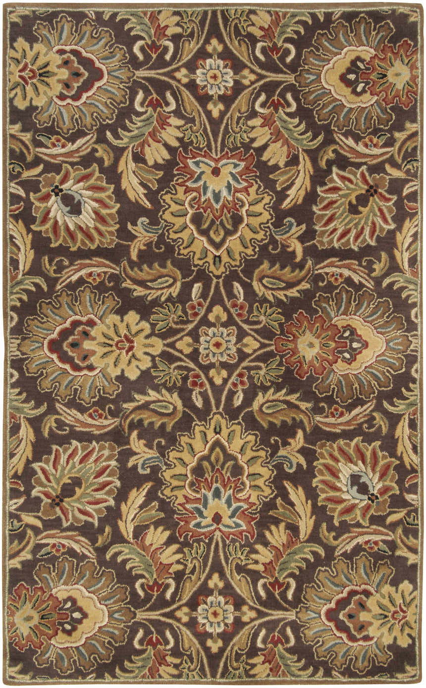Detailed floral pattern on a Chesterton 1028 hand tufted brown wool rug with brick red, sage, and light beige accents. Design-Rectangle-58