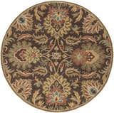Close-up of round Chesterton 1028 brown wool rug. Features a traditional floral pattern in brown, beige, red, and sage. Design-Round-6
