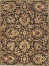Detailed floral pattern of the Chesterton 1028 hand-tufted brown wool rug. Colors include brown, red, gold, and sage. Design-Rectangle-811