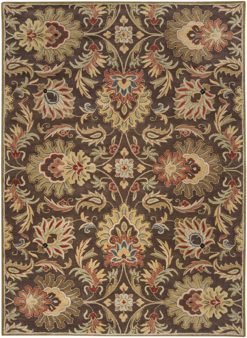 Detailed floral pattern of the Chesterton 1028 hand-tufted brown wool rug. Colors include brown, red, gold, and sage. Design-Rectangle-811