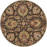 Detailed round Chesterton 1028 brown wool rug with floral and leaf pattern in brown, red, gold, and sage. Hand-tufted texture. Design-Round-8
