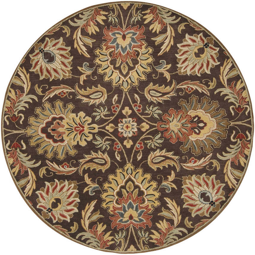 Detailed round Chesterton 1028 brown wool rug with floral and leaf pattern in brown, red, gold, and sage. Hand-tufted texture. Design-Round-8