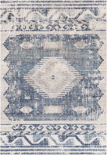 Close-up of the Westmount Denim Aztec Area Rug, featuring a cream, denim, and gray Southwestern-inspired pattern. Design-Rectangle-537