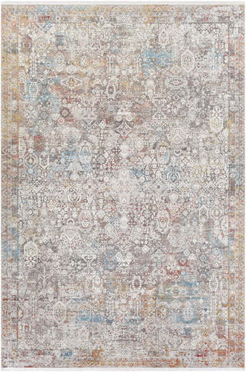 Witheridge Area Rug, a machine-woven rug in blue, pink, gray, beige, and mustard with a traditional, distressed pattern. Design-Rectangle