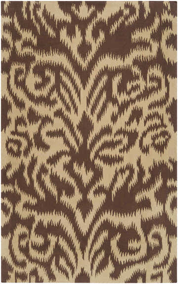 Close-up of the Waterlooville Area Carpet. Hand-woven wool rug in dark brown and mustard with a contemporary ikat pattern. Design-Rectangle-58