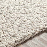 Close-up of the hand woven Wurtland Carpet. Ivory and medium brown wool rug texture. Farmhouse style. Texture