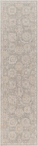 Close-up of the Wurtulla Thick Luxe Statement Rug. Features a traditional floral pattern in dusty sage, beige, and gray tones. Design-Runner-2710