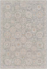Close-up of the Wurtulla Thick Luxe Statement Rug. Features a vintage floral pattern in dusty sage, beige, and gray tones. Design-Rectangle-575