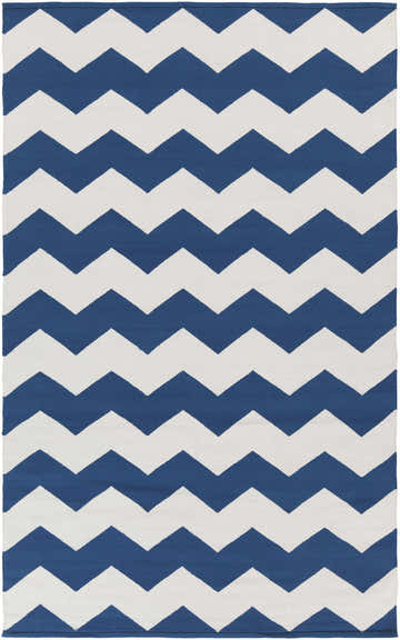 Close-up of the hand woven Wykoff Area Rug. Ivory and navy cotton rug with a contemporary chevron pattern. Design-Rectangle-58