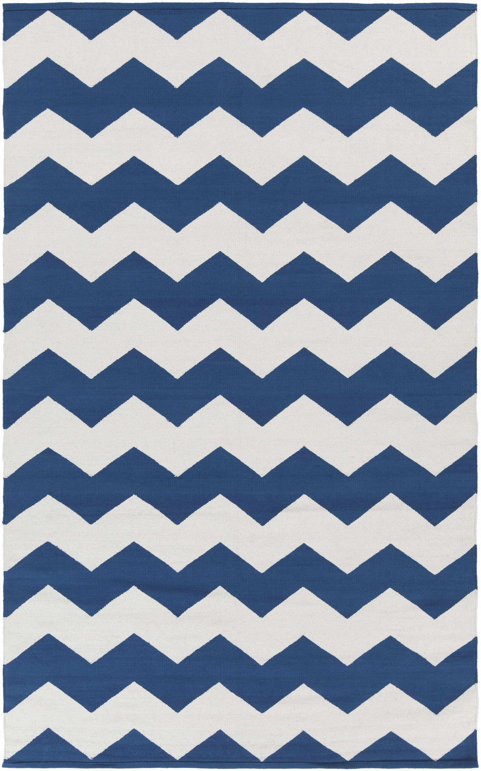 Close-up of the hand woven Wykoff Area Rug. Ivory and navy cotton rug with a contemporary chevron pattern. Design-Rectangle-58