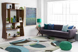 Living room scene with a gray sofa and Wyocena Wool Rug in aqua, gray, green, and brown circle pattern. Mid-century modern style. Roomscene-Rectangle