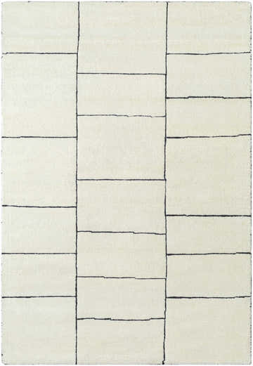 Close-up of the hand-tufted Xylia Ivory Area Rug. Pearl-colored, 100% wool rug with a contemporary block design. Design-Rectangle-576
