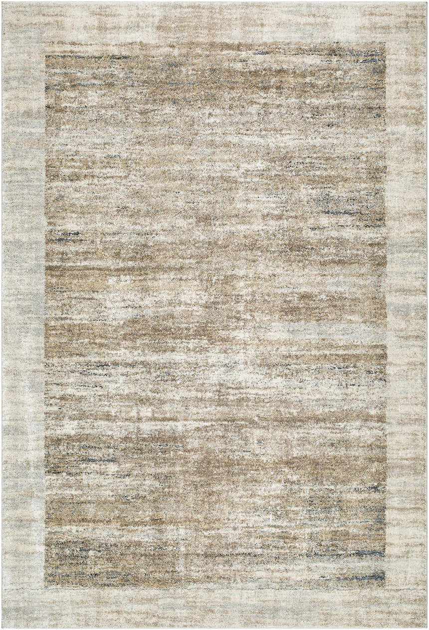 Close-up of the Xandy Thick Luxe Rug. Beige, light gray, and tan hues create a contemporary, textured pattern. Design-Rectangle-6792