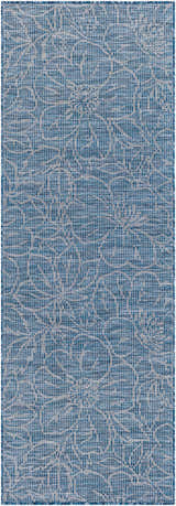 Close-up of the blue Yackandandah Flatweave Area Carpet. Features a woven texture and subtle floral pattern. Design-Runner-2773