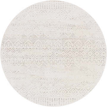 Close-up of round Yamanto Area Rug. Bohemian style rug in gray, light gray and white with geometric pattern. Design-Round-67