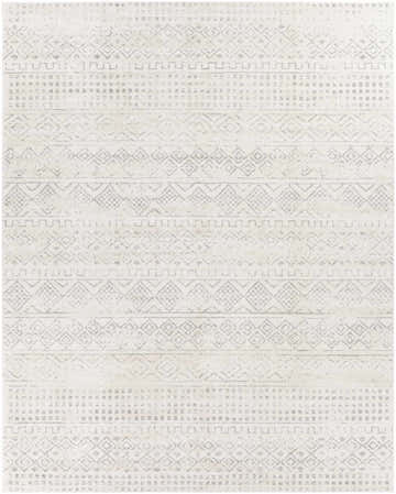 Close-up of the Yamanto Area Rug. Bohemian style rug in gray, light gray, and white with geometric patterns. Design-Rectangle-71010